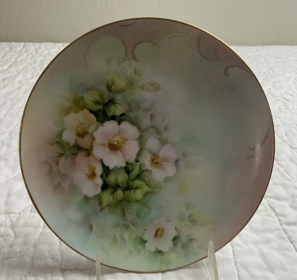 Antique Hand Painted Plate, 8 1/4” Round, Flower Design, Porcelain, Unsigned