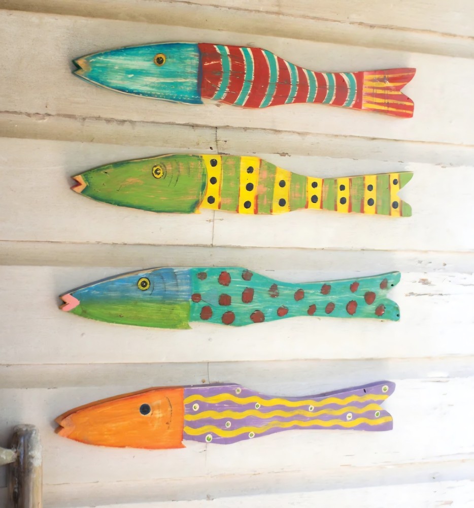 Set Of 4 Recycled Wood FolkArt Fish Sculptures Nautical Coastal Decor Lake Beach
