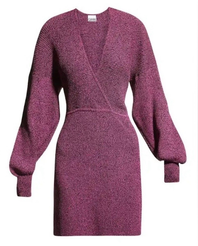 GANNI Melange Knit Long Sleeve Sweater Mini Dress Carmine Rose Pink Size Large