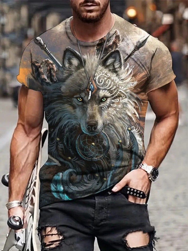 Camiseta Rey Lobo Impresión gráfica 3D Moda Novedad Marrón Manga corta hombres