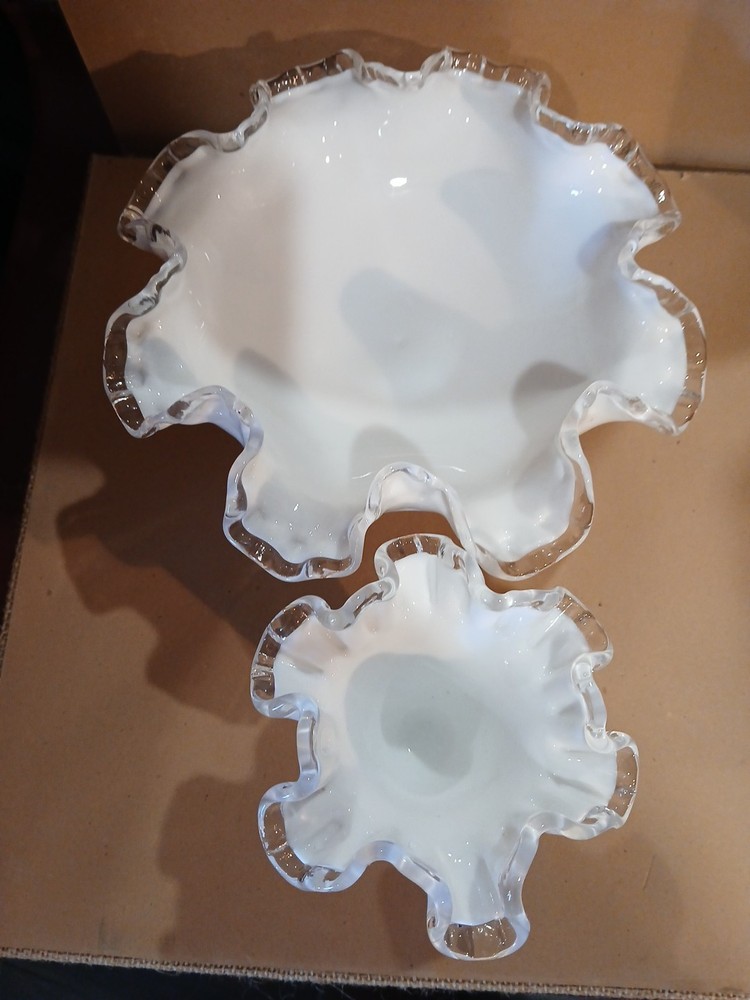 Fenton Silver Crest Milk Glass Footed Pedestal Bowl Double Crimped Ruffle Edge