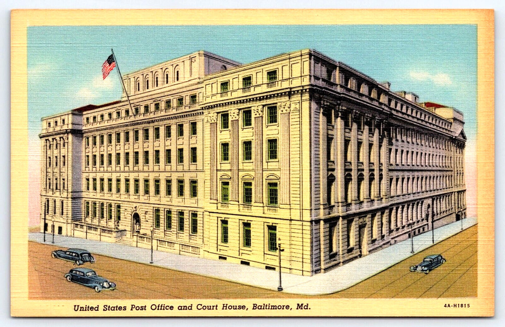 Baltimore Maryland Post Office Court House Building Cars Flag Vintage Postcard