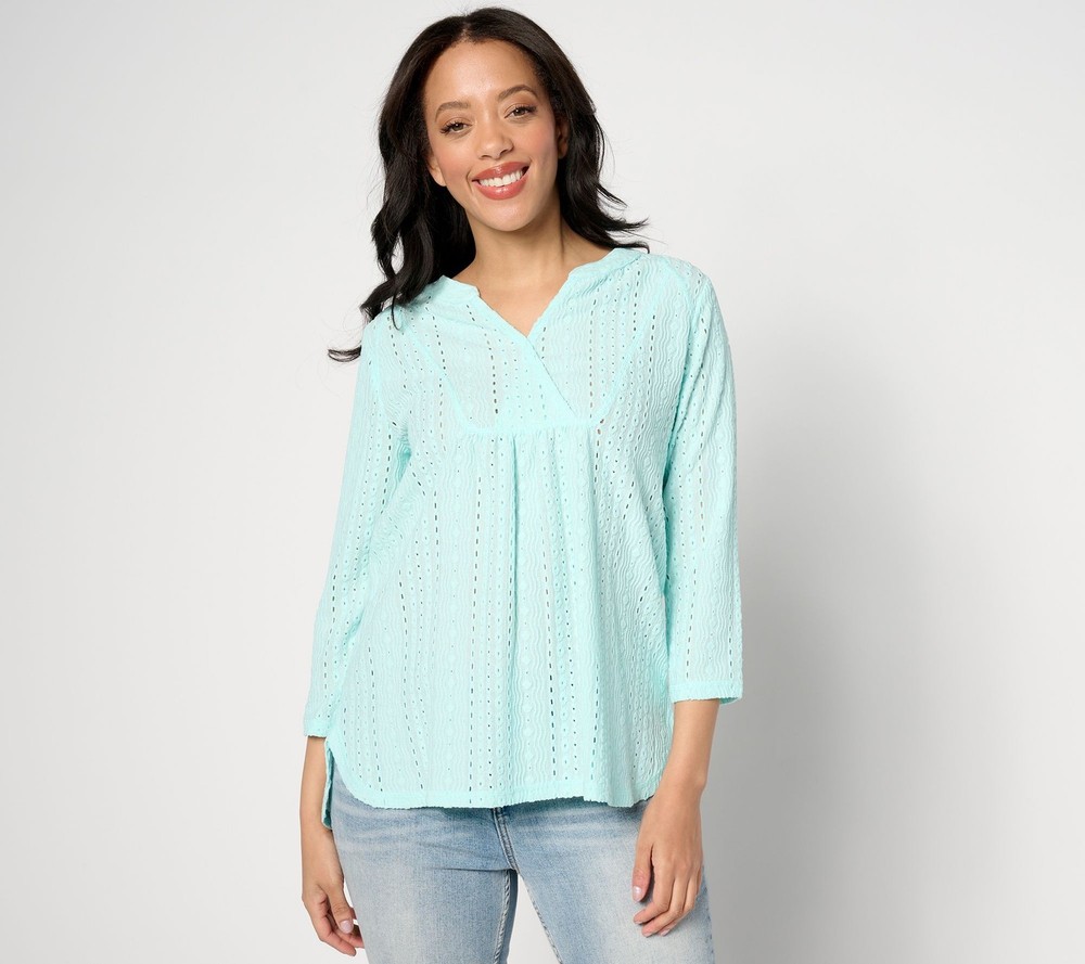 Gloria Vanderbilt Women's Top Sz S Sleeve Split Crewneck Eyelet Lace Blue