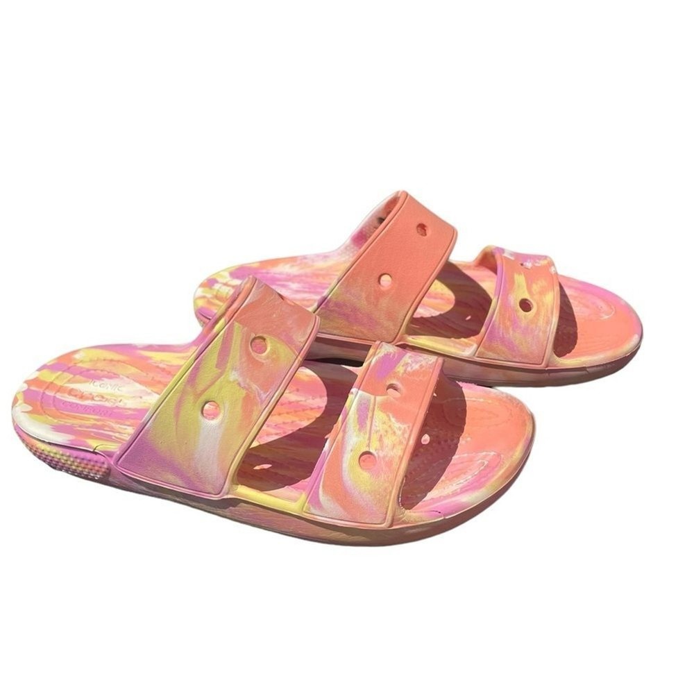 CROCS 2 Strap Slide Sandal Classic Marble Pink Orange Tie Dye Womens Size 7