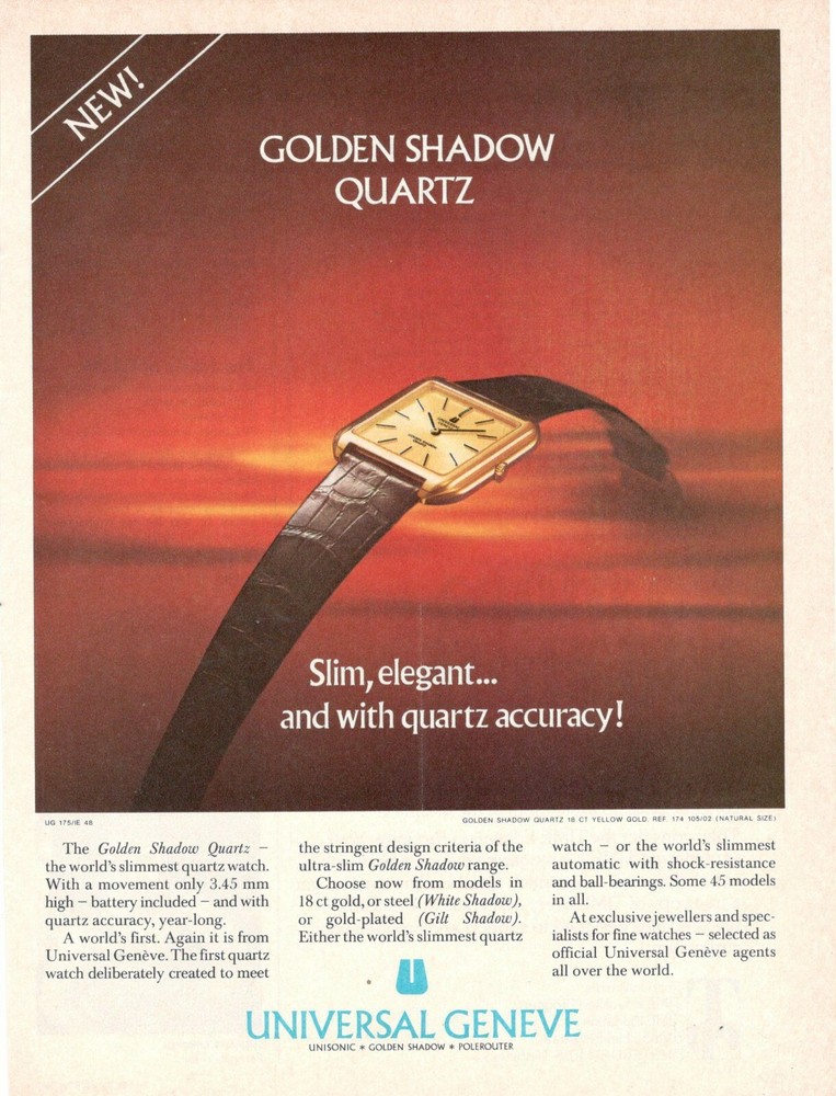 Universal Geneve Watch 1975 Vintage Advertisement Golden Shadow Quartz 18Ct
