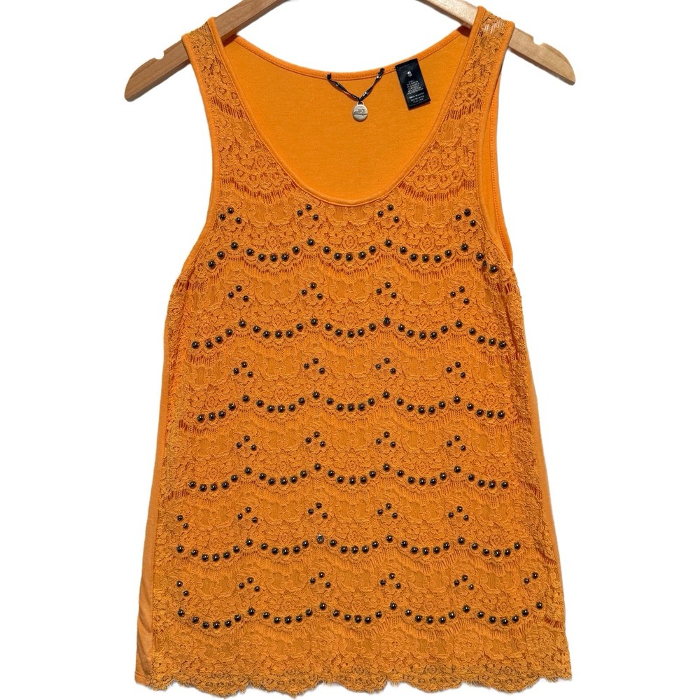 BKE Boutique Buckle Women’s Orange Lace Beaded Tank Top Scalloped Hem Size Small