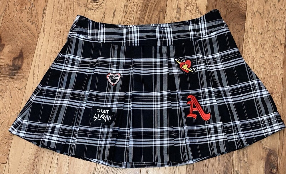 No Boundaries Juniors Plaid Gothic Mini Length Skirt Patches Black Sz XL (15-17)