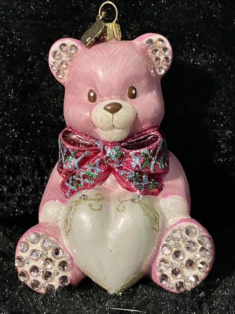 Jay Strongwater Baby's First Christmas Teddy Pink Glass Ornament  NO BOX