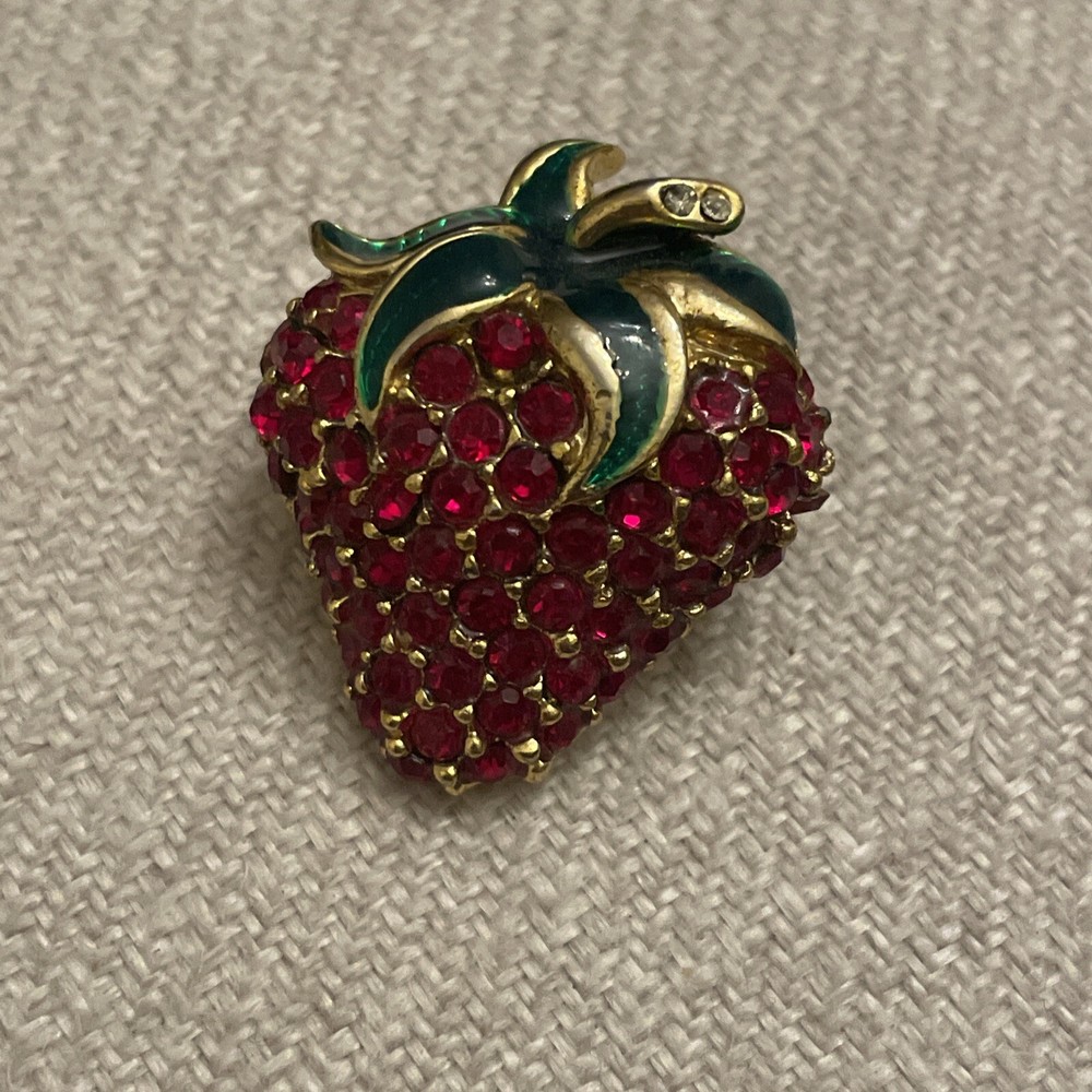 Vintage Strawberry Pin Brooch Red Pave Crystal Gold Tone Green Enamel Large
