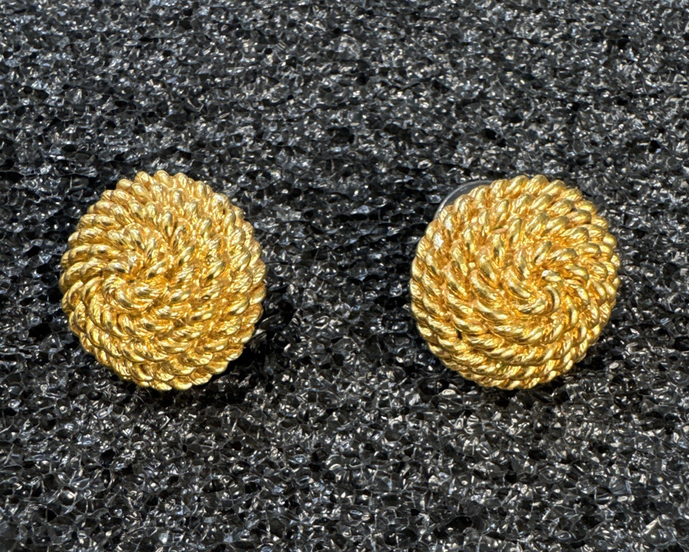 Vintage MONET Signed Gold Tone Twisted Rope Dome Round Clip On Earrings 1”