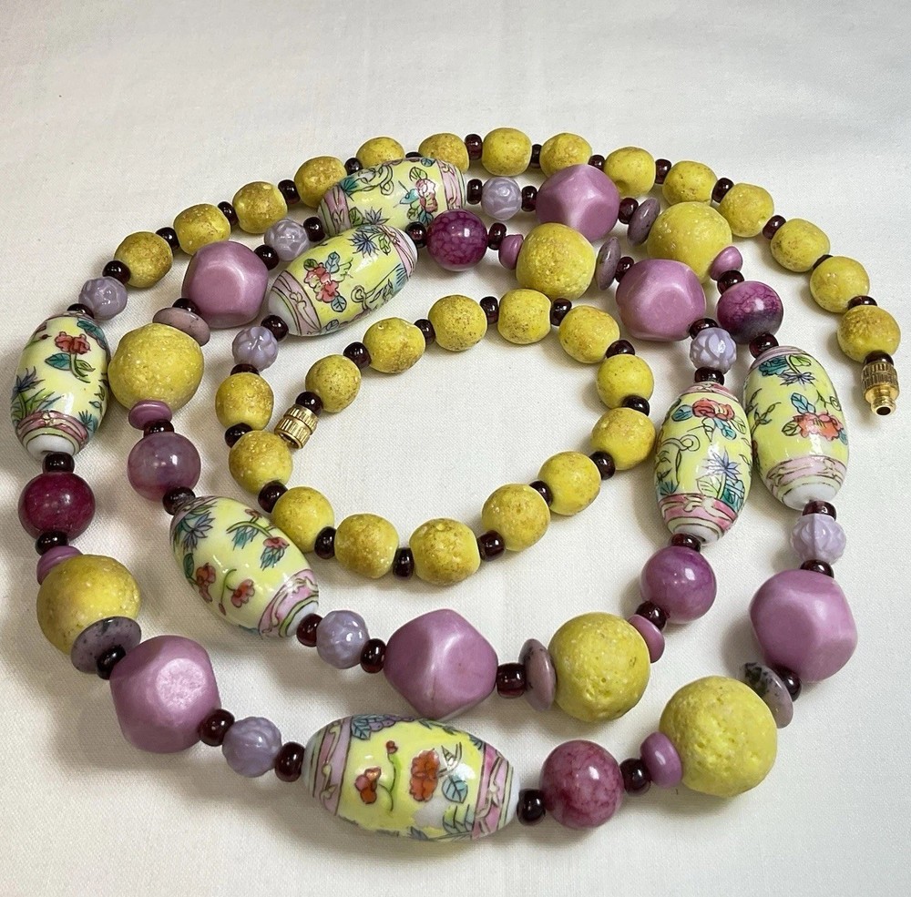 Vintage Chinese Export Hand Painted Porcelain Bead & Stone Necklace 36”