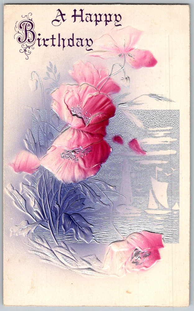 Antique Postcard Poppy Floral Embossed Sailboat 1910s