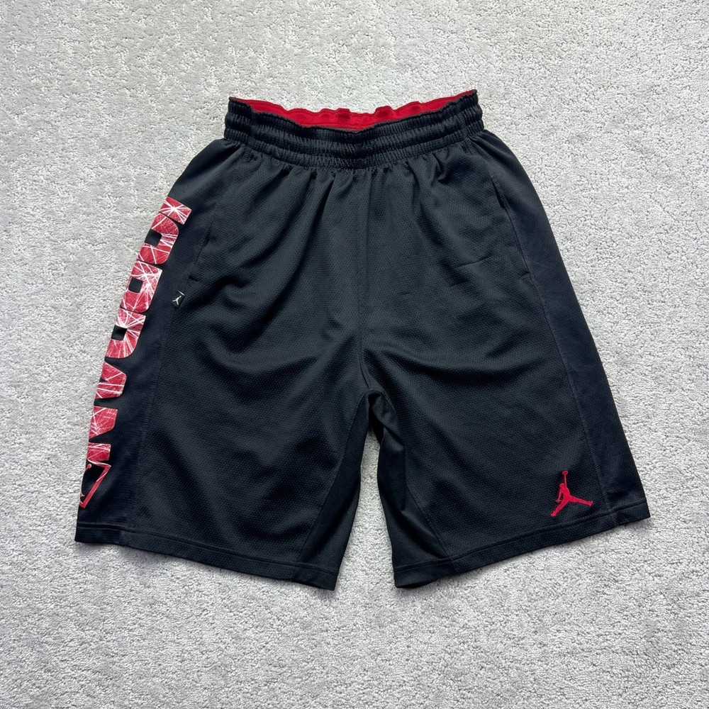 Jordan Shorts Mens Medium Black Red Basketball Dri-FIT Spellout Mesh Athletic