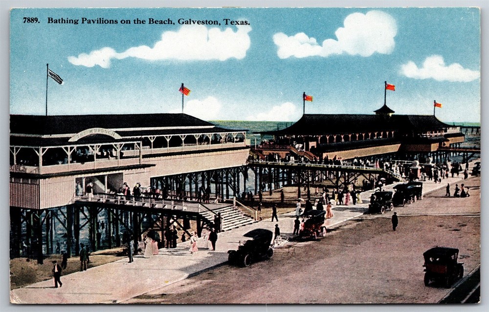 Bathing Pavilions Beach Crowds Cars Galveston TX C1910s Postcard AB17