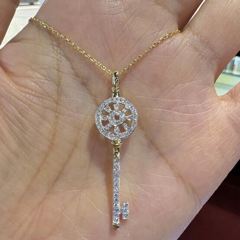 Round Cut Simulated Diamond Stunning Key Fancy Pendant In 14K Yellow Gold Plated
