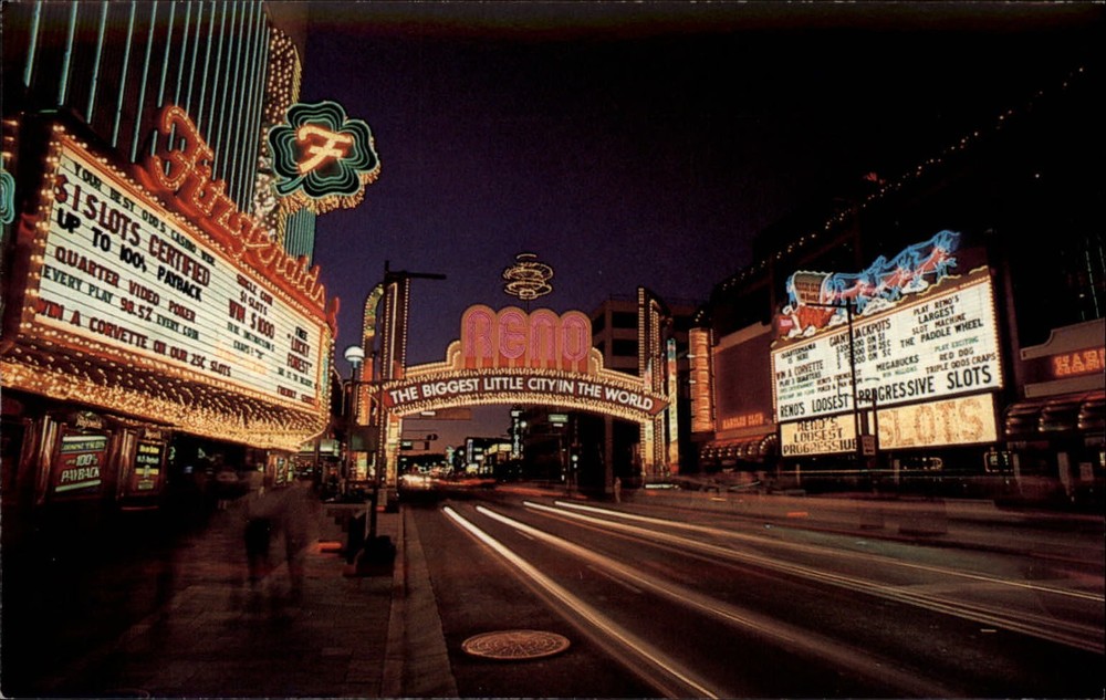 Reno Nevada Harolds Club Casino night neon Win Corvette 25 cent slots ~ postcard