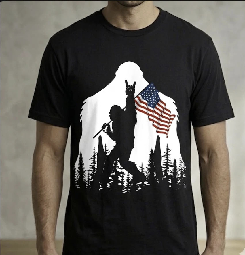 Bigfoot American Flag T-Shirt - Patriotic Sasquatch Rock On Graphic Tee