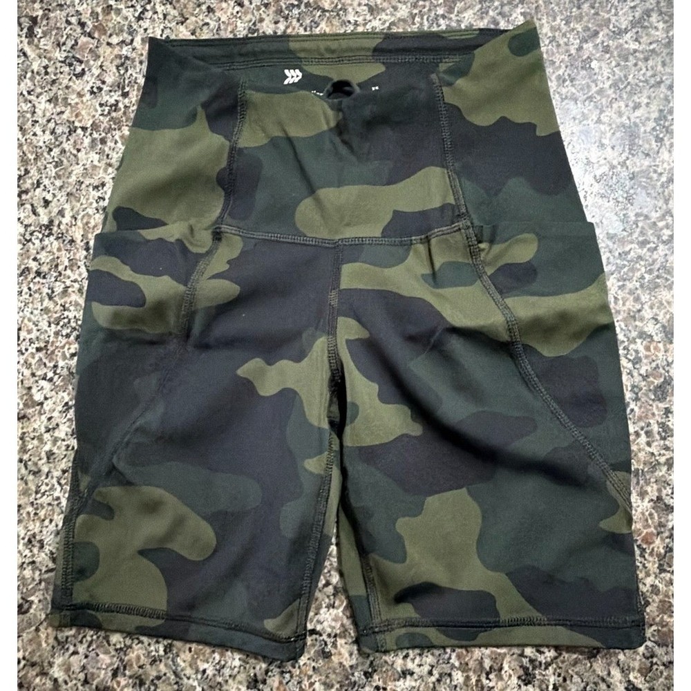 All in Motion Womens Camo High-Rise Biker Shorts Green XS Side Pockets Athletic