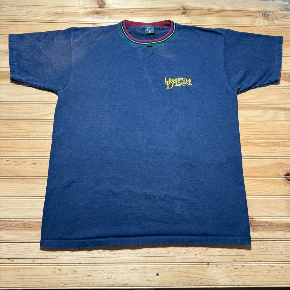 Vintage 90s University Of Delaware College Striped Collar Embroidered T-Shirt XL