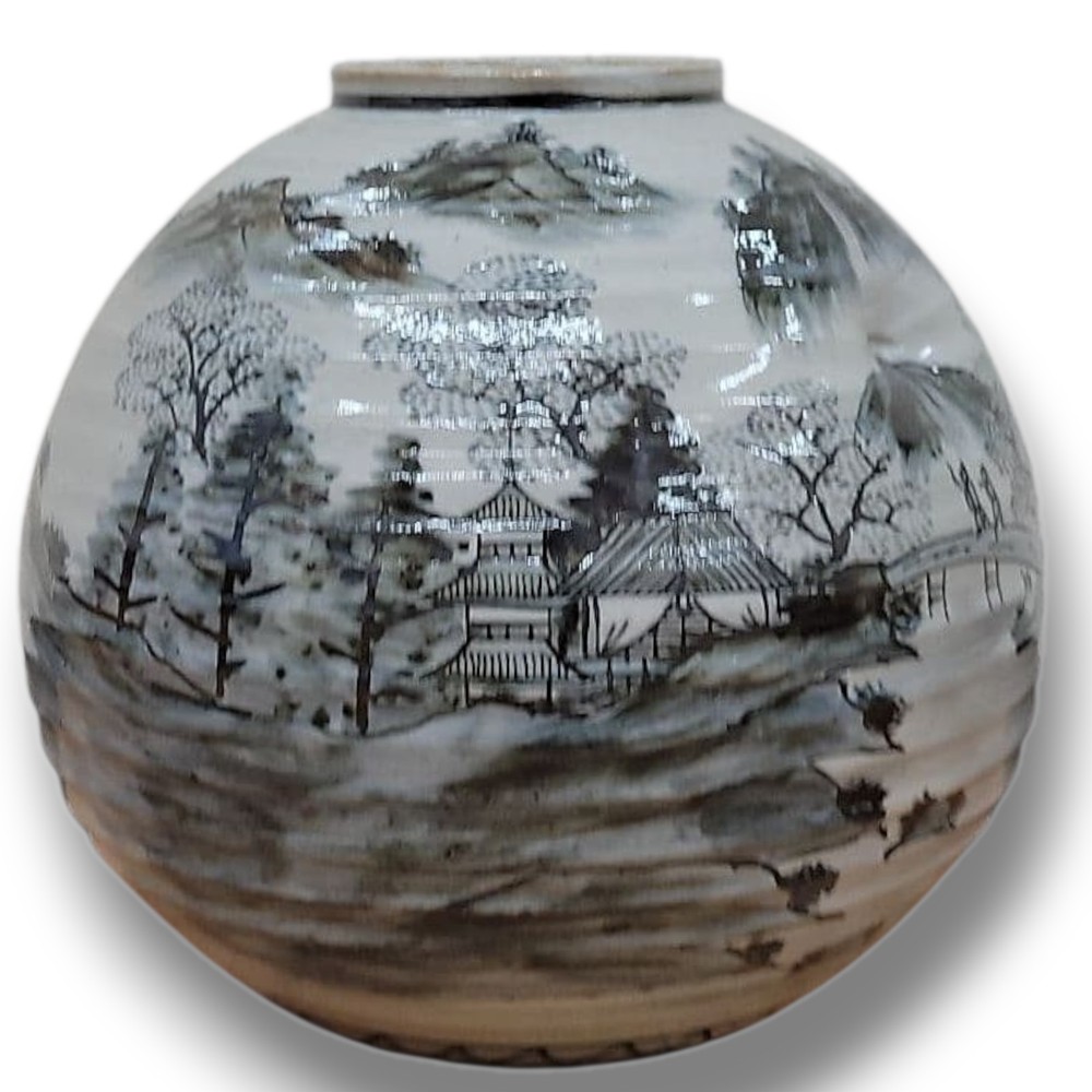 Kutani Vase Japanese Vintage Ceramic Flower Jar Vessel Landscape 8.6 inch