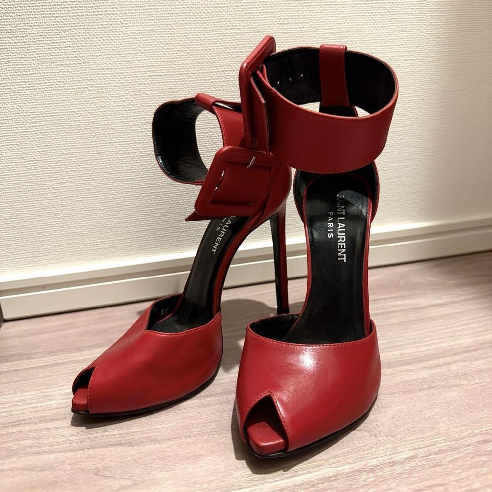 Saint Laurent Red Stiletto Pumps with 12cm Heels and Ankle Bells US6 Authentic From Japan RIN