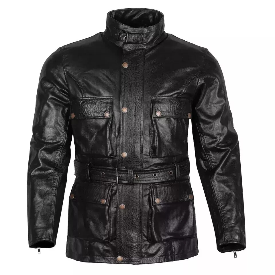 Men's 100% Genuine Lambskin Leather Biker Jacket Retro Outfit Vintage Black Coat