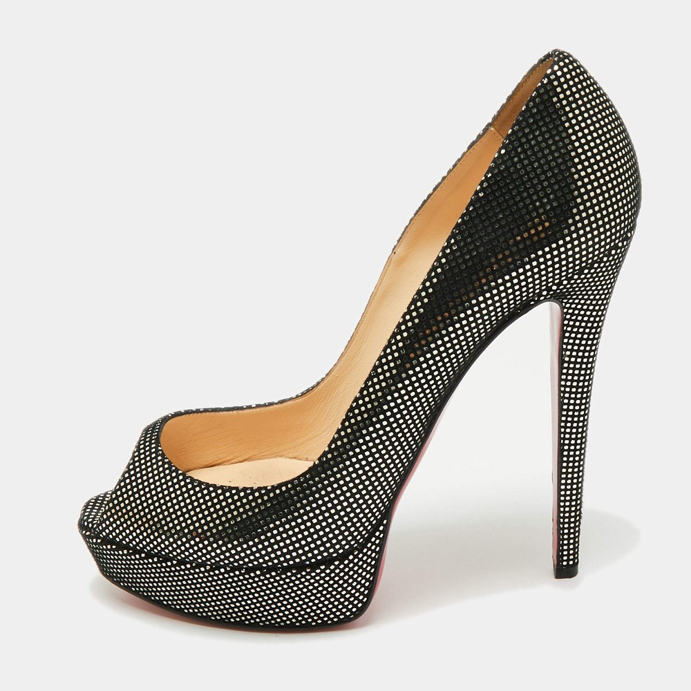 Christian Louboutin BlackGold Laminated Suede Platform Lady Peep Toe Pumps Size
