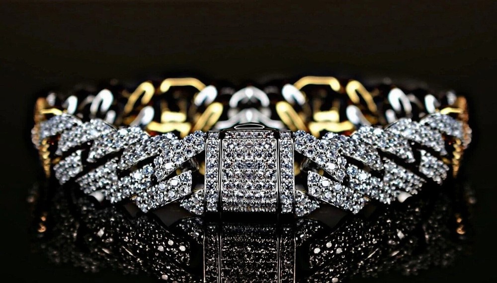 5 ct Round Cut Tested Moissanite Men Cuban link Bracelet 14k 2- Tone Gold Plated