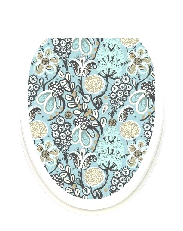 Abstract Floral Toilet Seat Cover Vinyl Sticker Blue Removable Reusable Decal-image
