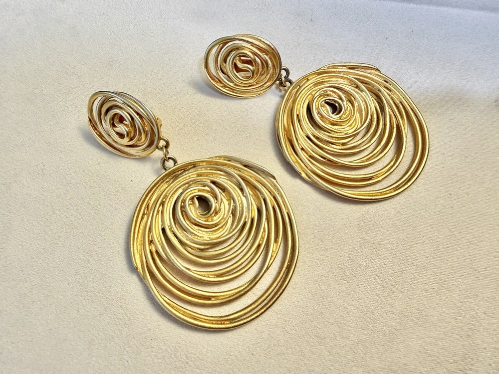 Vintage Gold Tone Abstract Spiral Drop Earrings Statement