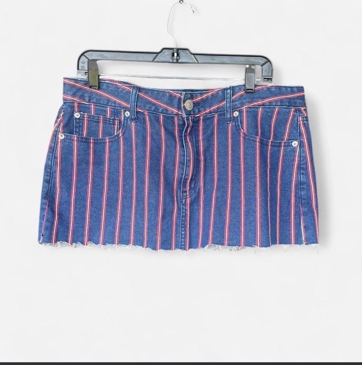 American Eagle Skirt Womens 12 Blue Hi Rise Mini Super Stretch Denim Stripe