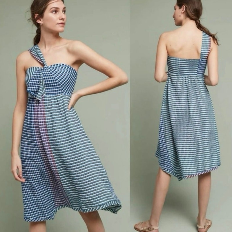 Anthropologie Maeve One Shoulder Waverly Plaid Gingham Blue Green Dress 2 Petite