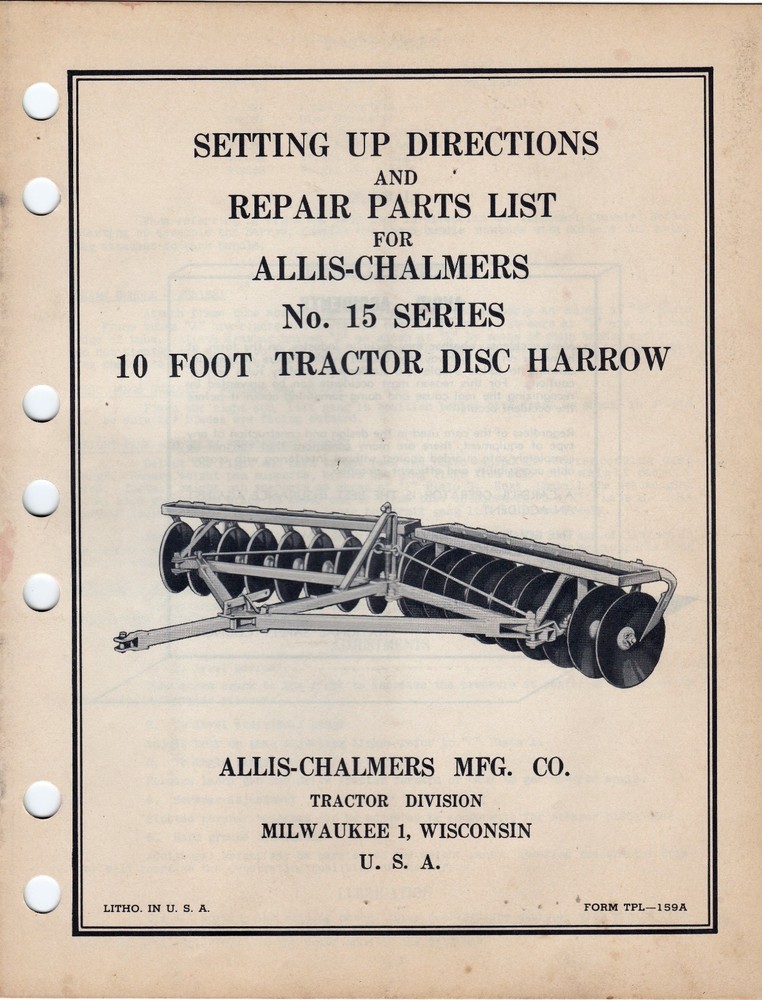 Allis Chalmers No 15 10-Foot Disc Harrow Setup & Repair Parts Manual KPC1
