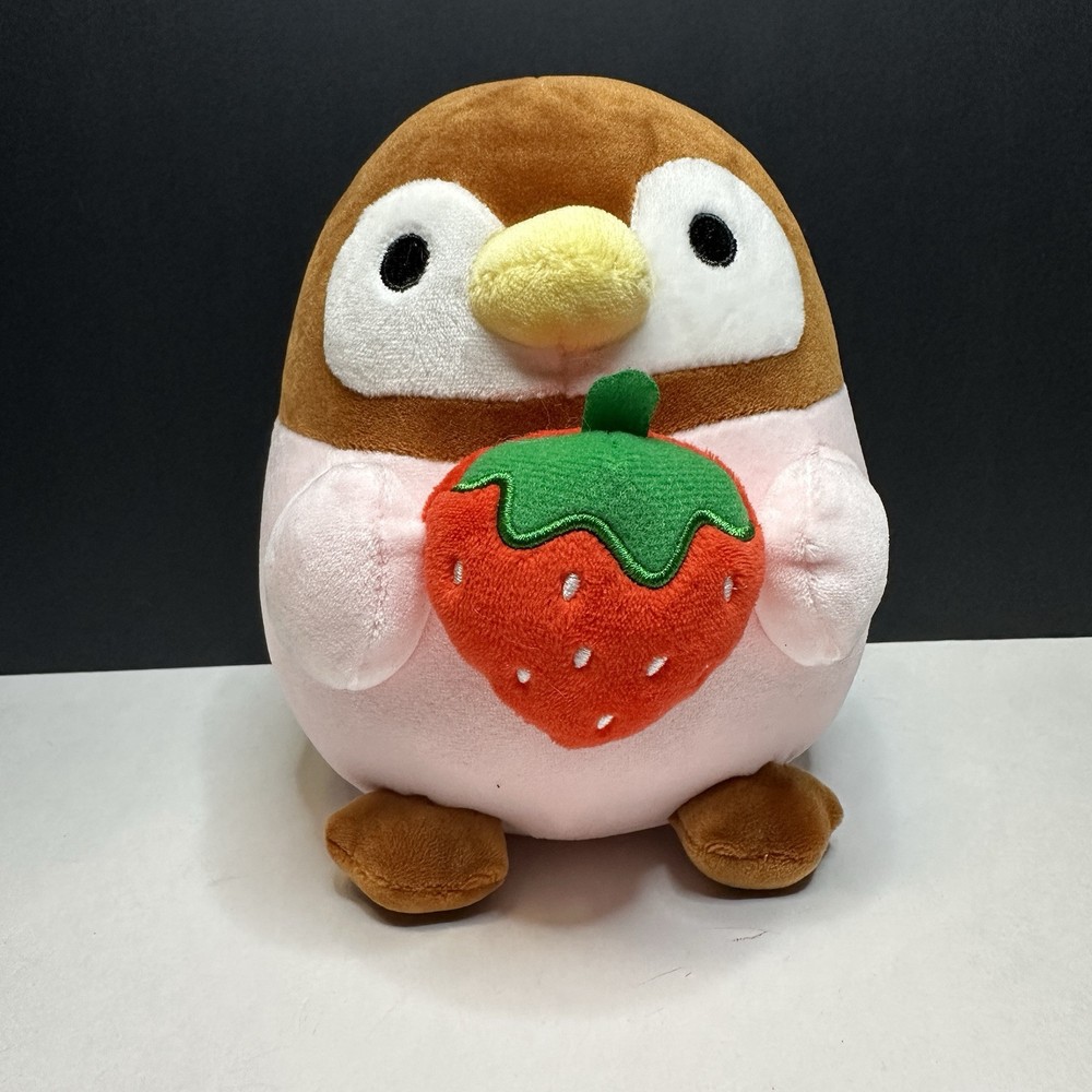 Takashoji Pink Penguin Holding Strawberry Stuffed Plush Animal Toy Kawaii 7”