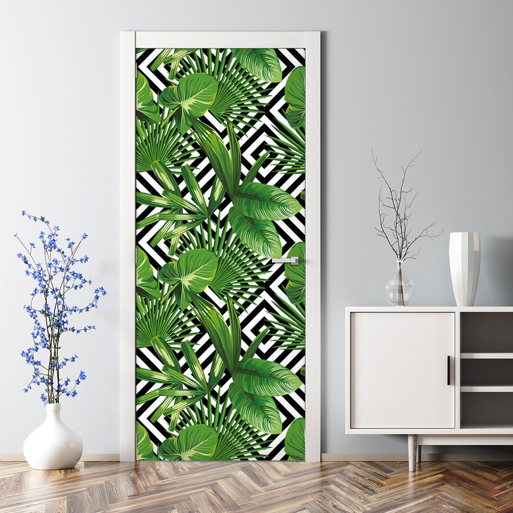 Geometric tropical leaves bubble-free white self-adhesive door mural sticker