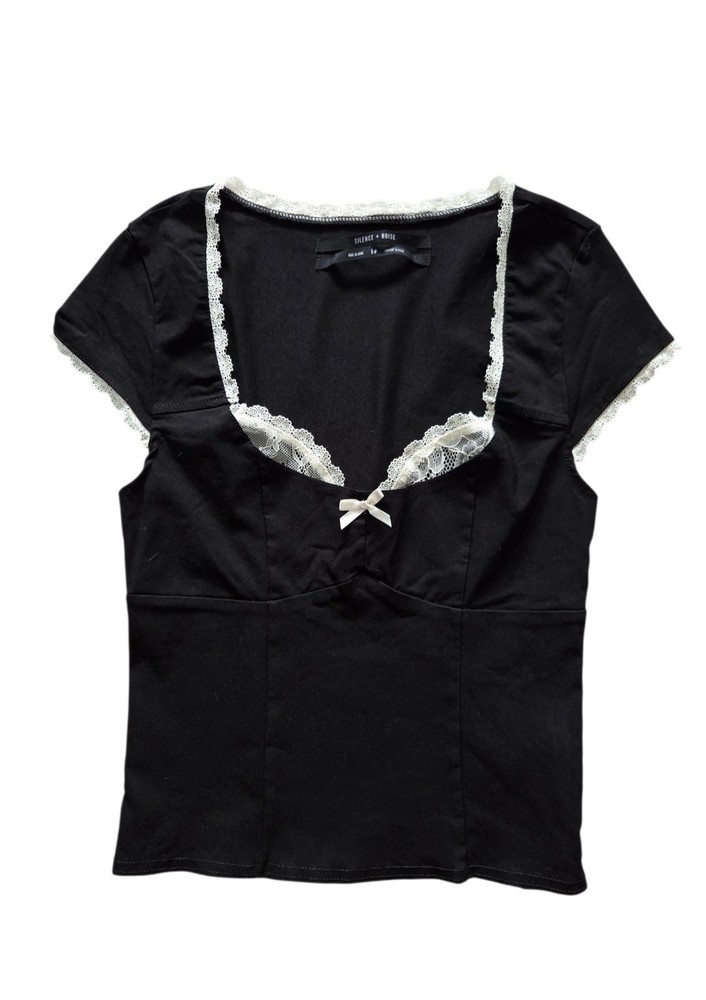 Silence + Noise Black Lace Trim Babydoll Y2K Coquette Top Small Indie sleaze