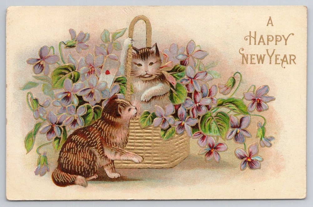 Vintage Embossed Happy New Year Postcard - Two Cats & Violets, c. 1910s