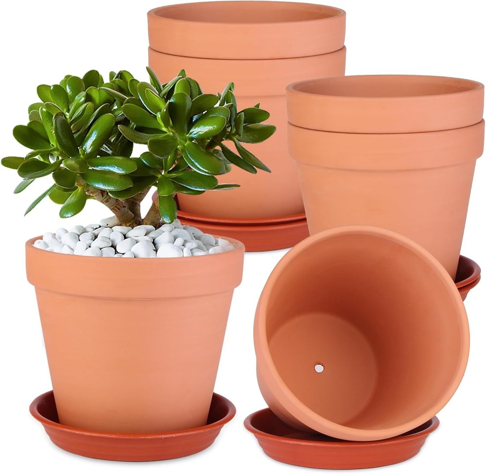 6 Pack 6 Inch Terracotta & Clay Pots with Saucer for Plants, Large Terra Cotta
