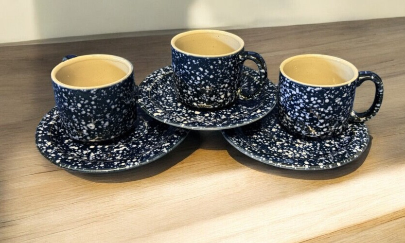Otagiri BLUE SPACKLE Set of 3 Cup & Saucers 2 3/4