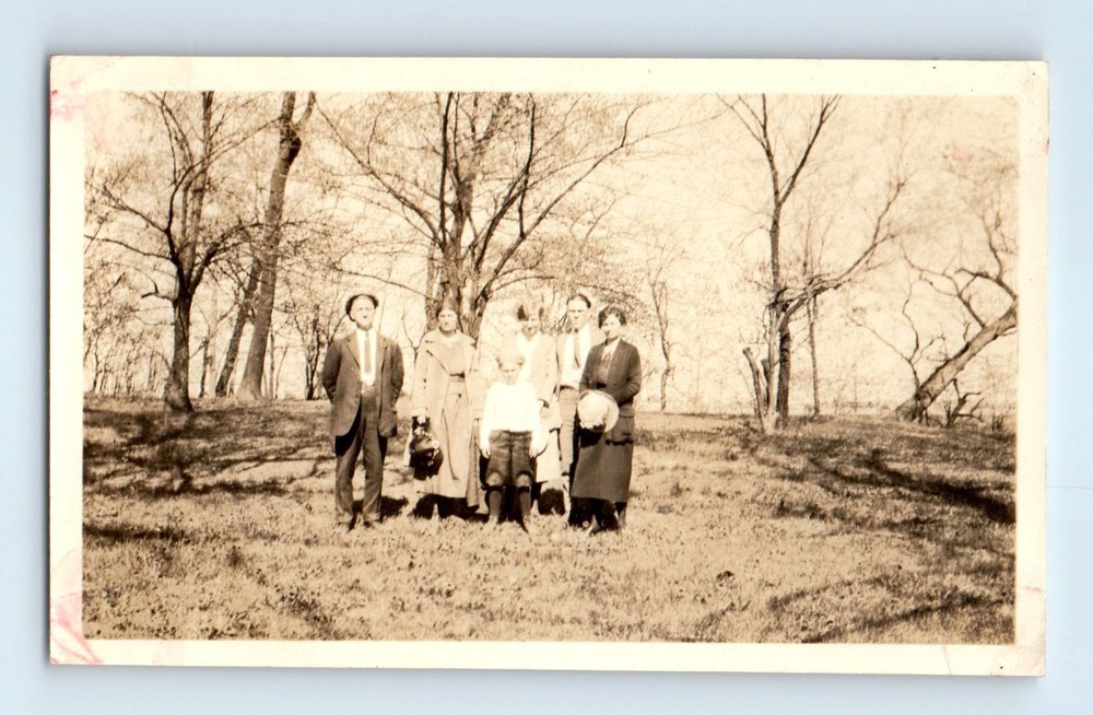 Old Vintage Photo MEN WOMEN AND BOY IN FOREST TREES ANTIQUE SNAPSHOT PIC