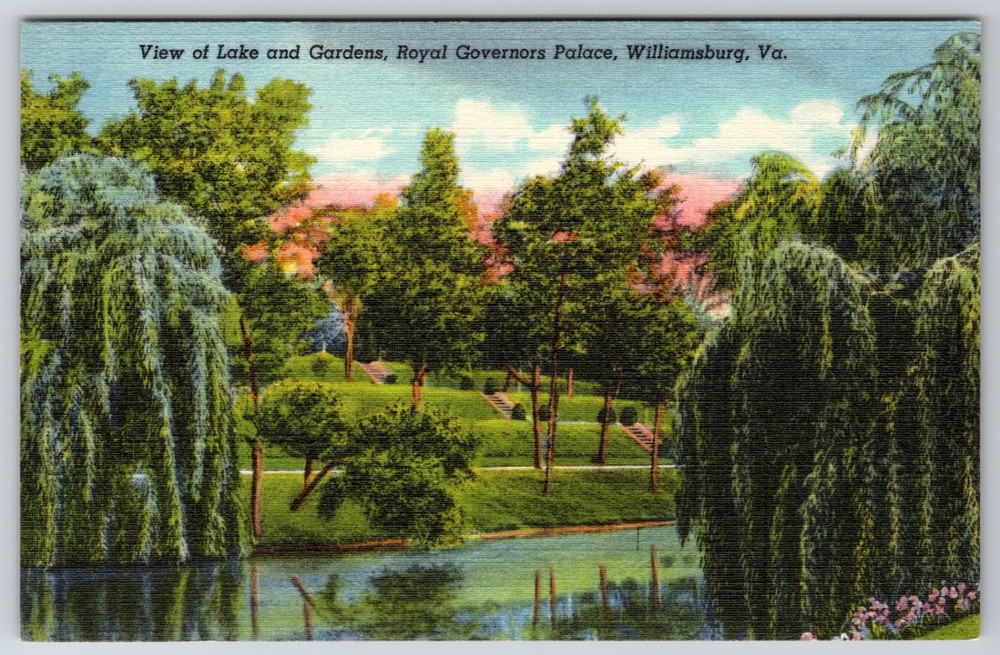 Virginia Williamsburg Royal Governors Palace Lake and Gardens Linen Postcard