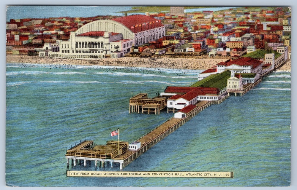 NJ Atlantic City Convention Hall Million Dollar Pier 1944 Cancel Linen Postcard
