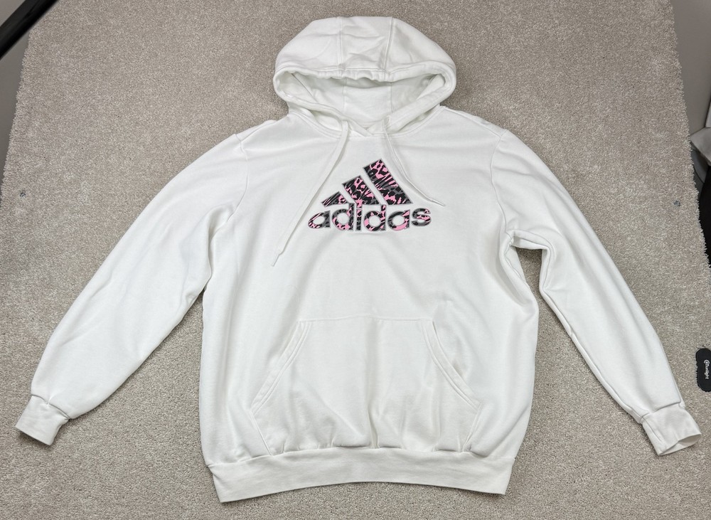 Adidas Women's 1X Cheetah Print White Pink Fleece Pocketed Drawstring Hoodie