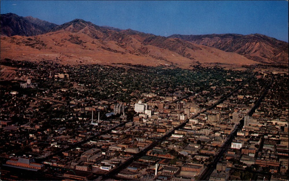Salt Lake City Utah Capitol aerial view Wasatch Mountains ~ unused postcard