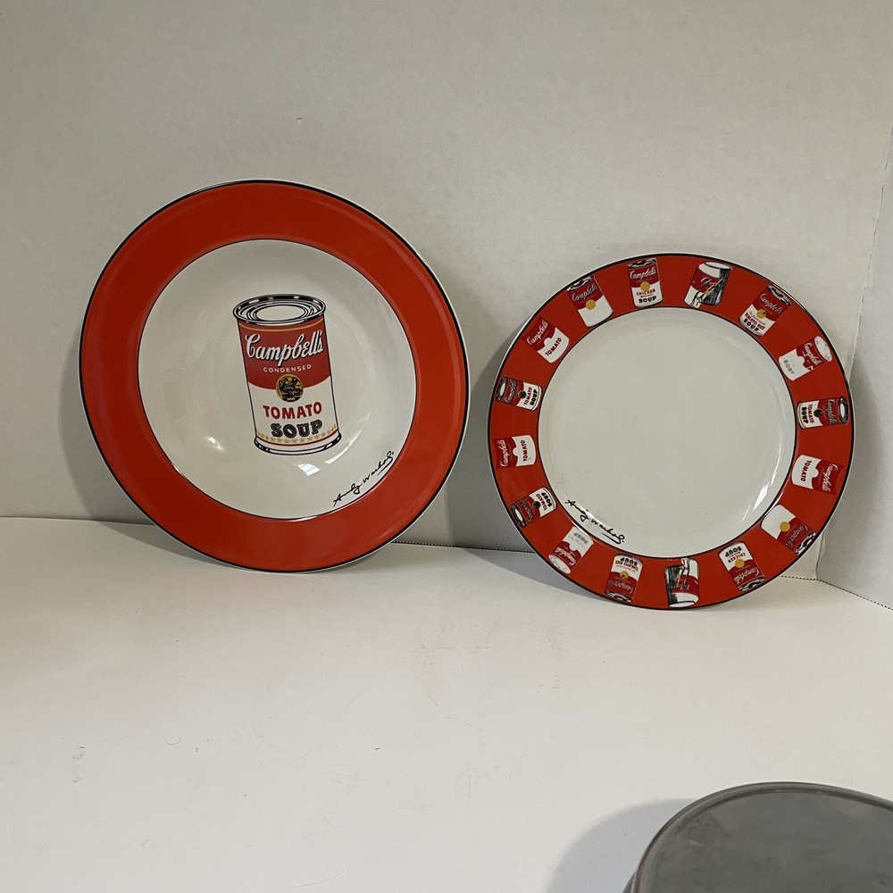 Campbell's Tomato Soup Can Ceramic Soup Bowl & Salad Plate- Andy Warhol - RARE