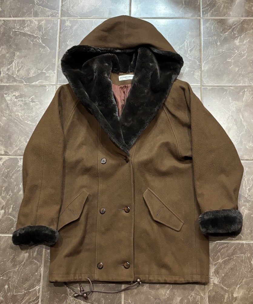 Vintage Donny Brook Brown Wool Coat Plush Collar Hood Women’s Size L