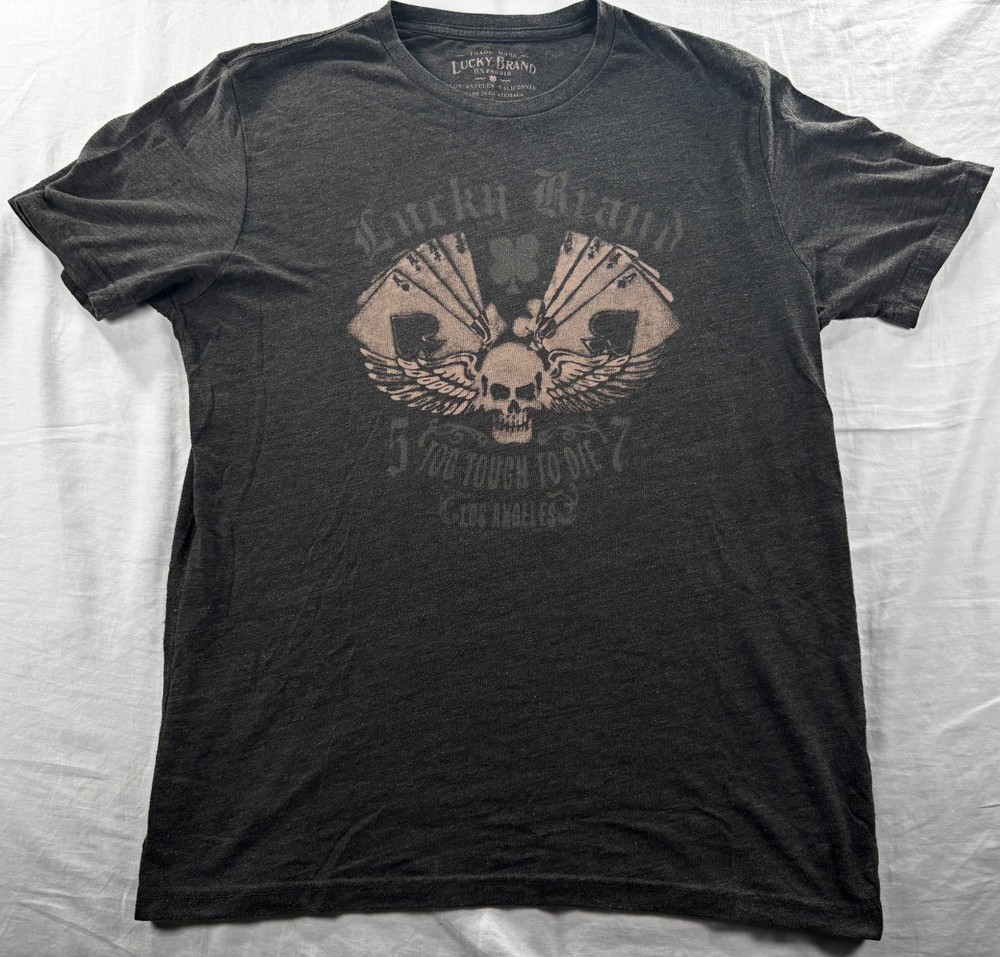 Lucky Brand Graphic T-Shirt Mens Sz L Too Tough To Die Poker Cards Skull Gray