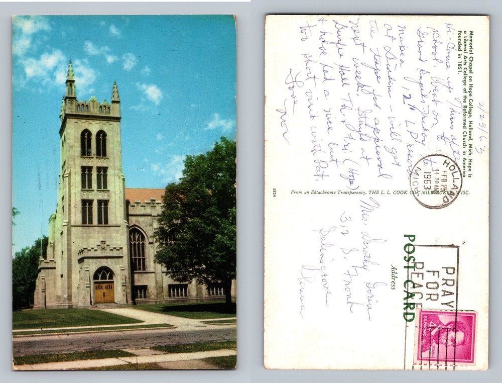 Holland, MI-Michigan, Hope College Memorial Chapel View Vintage c1963 Postcard