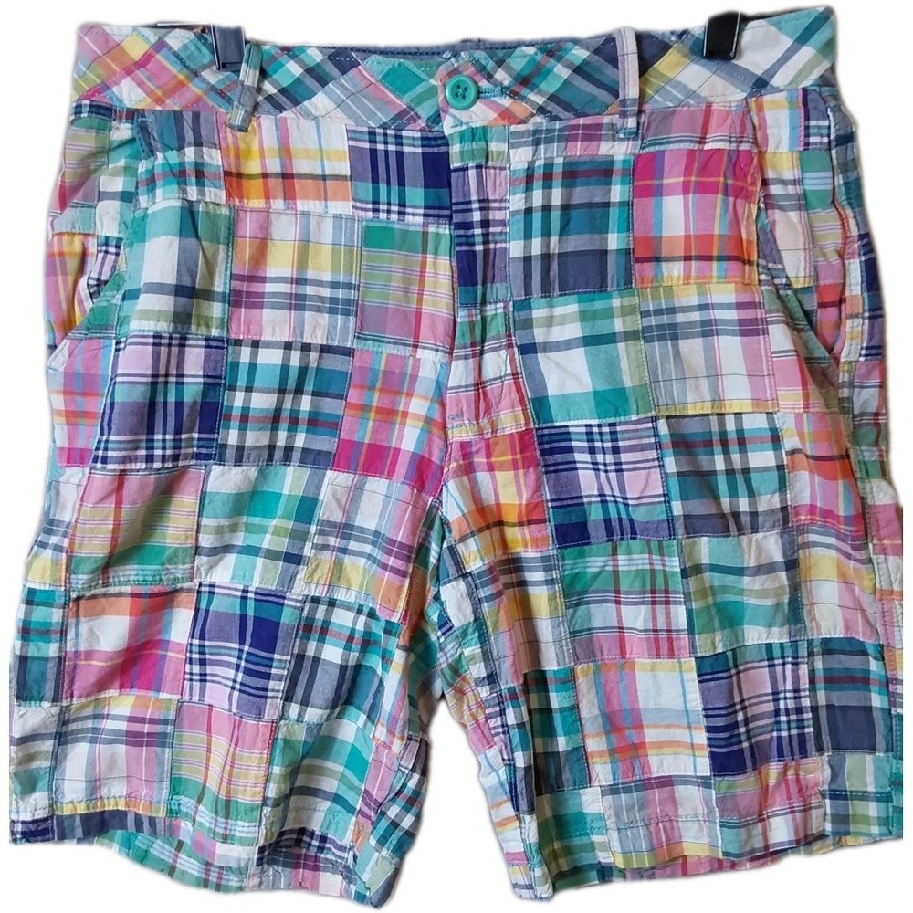 IZOD Saltwater Mens Shorts Size 32 Patchwork Madras Plaid Colorful Preppy Golf