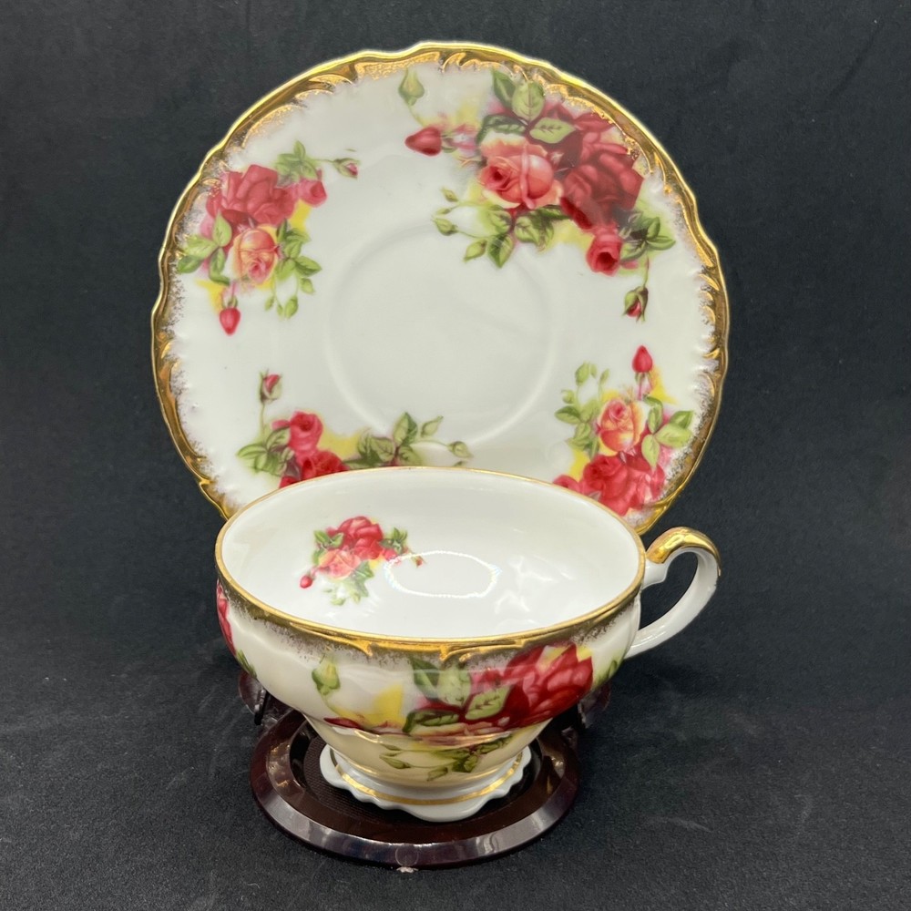 Vintage Lefton China Tea Cup Saucer Set Hand Painted Pink Red Rose Gold Trim